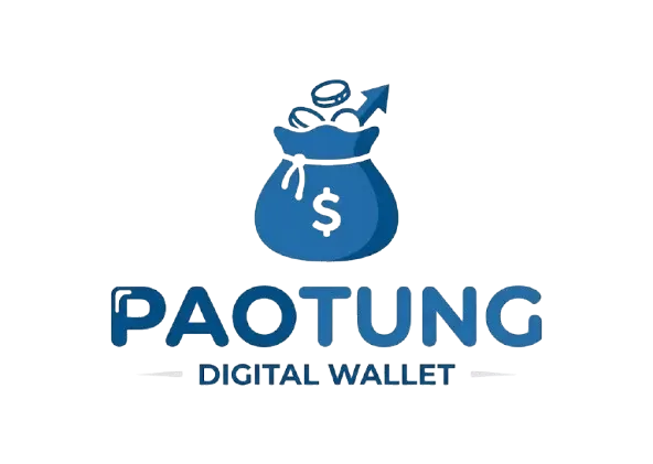 โลโก้ PAOTUNG รูปถุงเงินสีน้ำเงินที่มีเครื่องหมายดอลลาร์สีขาวอยู่กลางถุง ด้านบนมีเหรียญและลูกศรชี้ขึ้น ใต้ถุงเงินเป็นตัวอักษร PAOTUNG สีน้ำเงินไล่เฉด และบรรทัดล่างสุดเขียนว่า DIGITAL WALLET